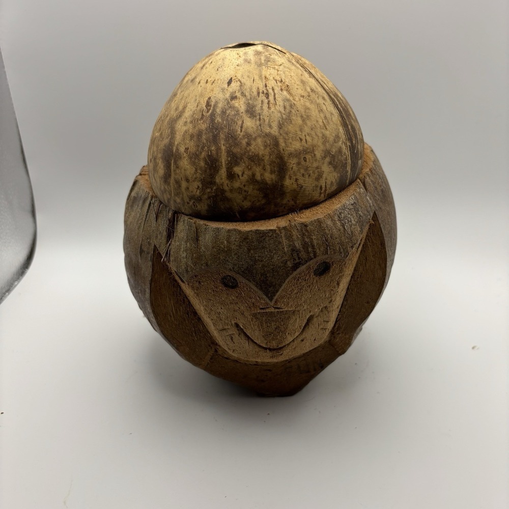 Hand Carved Coconut Monkey Bank Raw from Indonesia 8x6x6" "Have Fun"